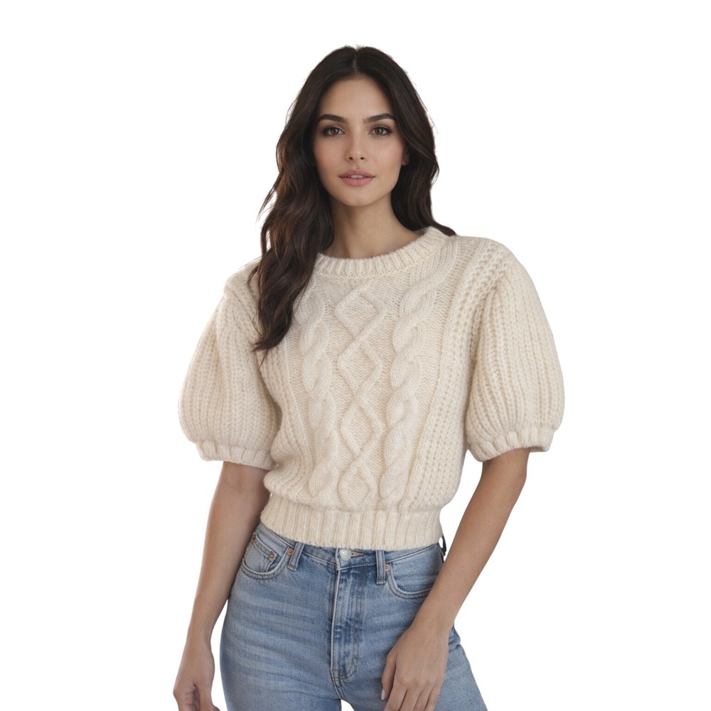 ZARA Cream Cable Knit Puff Sleeve Cropped Sweater Top Women's Size M